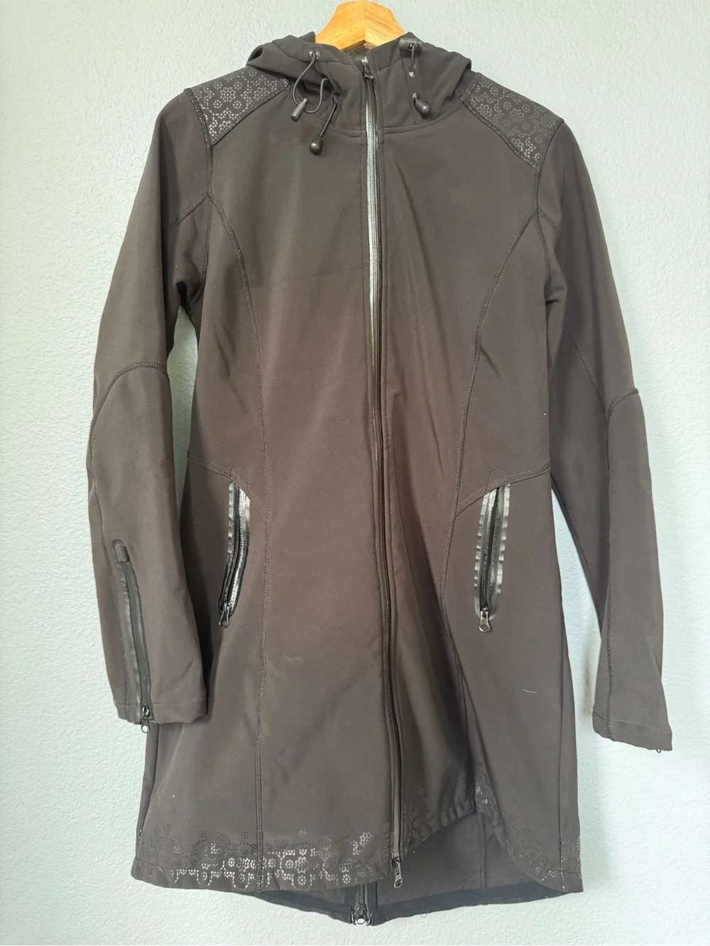 Women's Black Hooded Long Ski Softshell Coat